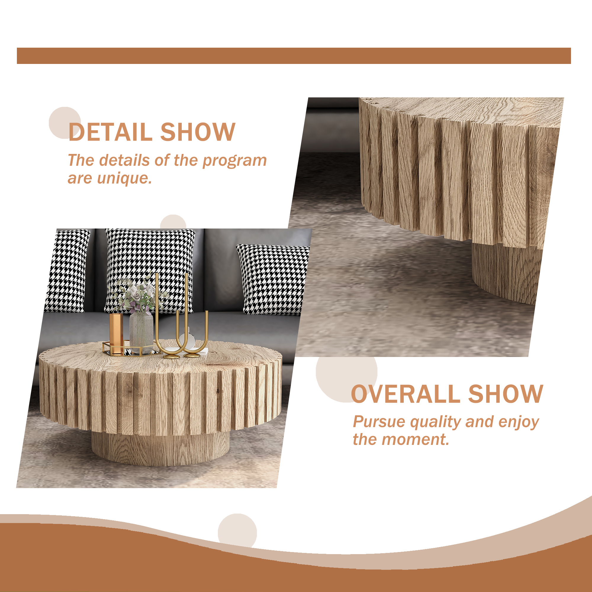 Modern minimalist circular coffee table 31.4'' with natural wood texture, stable and durable, enhancing spatial aesthetics suitable for living rooms, study rooms and offices.