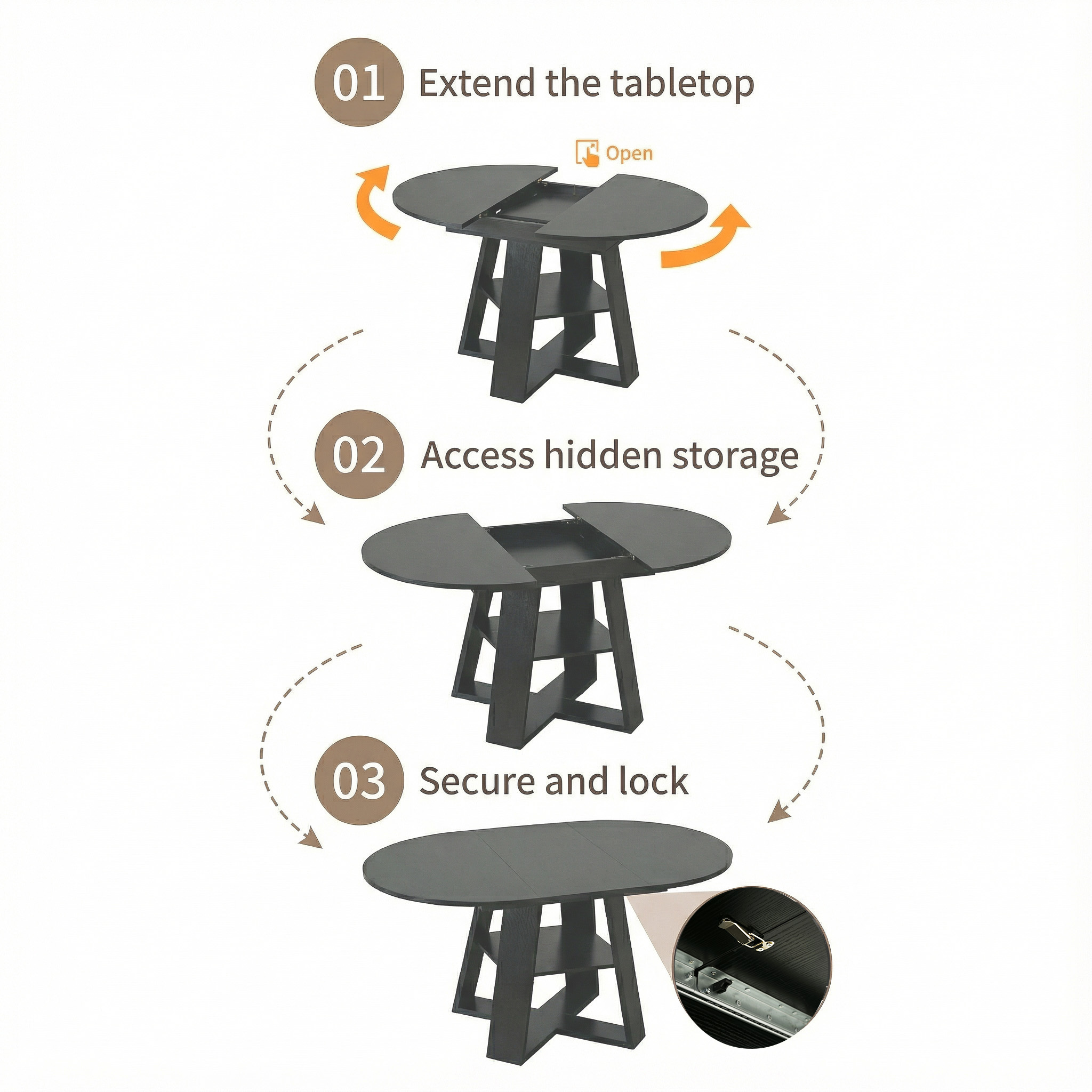 43.3in-59in Extendable Round Dining Table for 4-8,Modern Kitchen Oval Dining Table with Removable Leaves Space Saving,Wood Base with Storage Shelf for Kitchen Living Room (Black)
