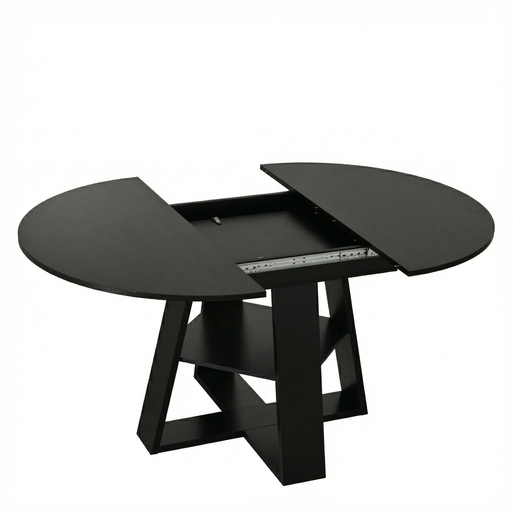 43.3in-59in Extendable Round Dining Table for 4-8,Modern Kitchen Oval Dining Table with Removable Leaves Space Saving,Wood Base with Storage Shelf for Kitchen Living Room (Black)