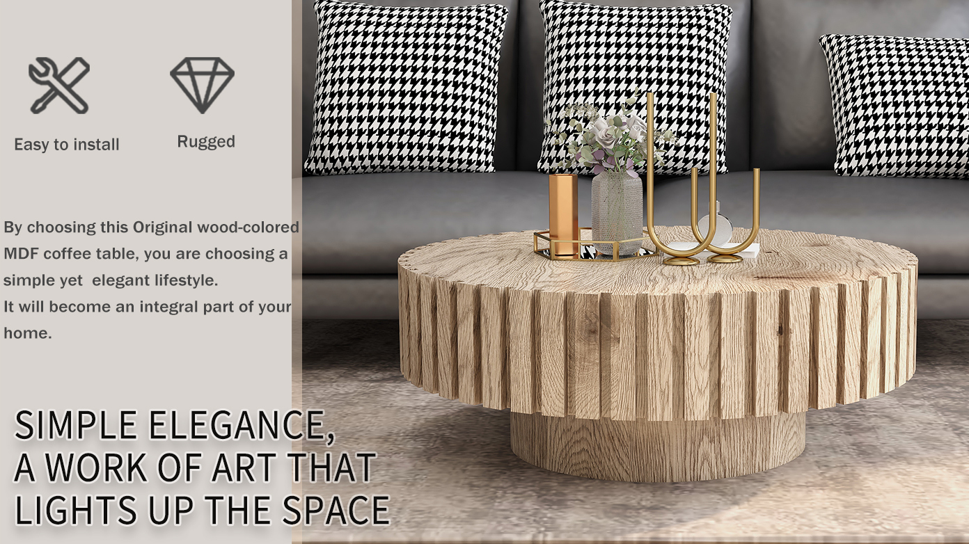 Modern minimalist circular coffee table 31.4'' with natural wood texture, stable and durable, enhancing spatial aesthetics suitable for living rooms, study rooms and offices.