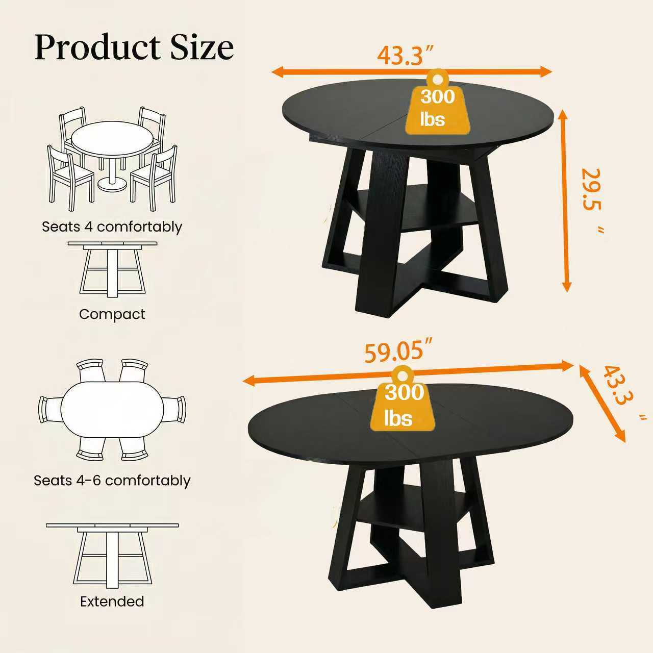 43.3in-59in Extendable Round Dining Table for 4-8,Modern Kitchen Oval Dining Table with Removable Leaves Space Saving,Wood Base with Storage Shelf for Kitchen Living Room (Black)