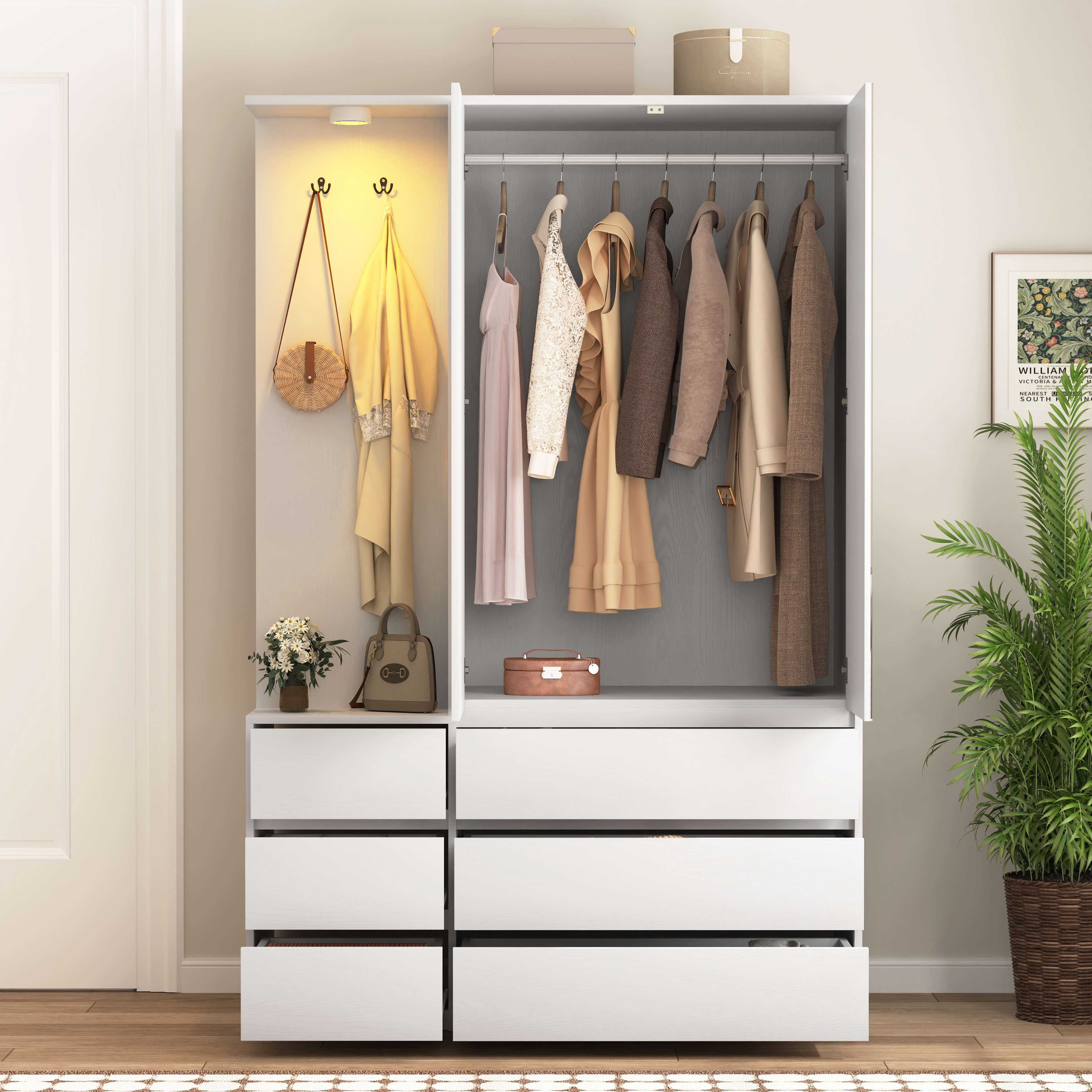 Wardrobe Closet 71.7" H, Bedroom Wooden Wardrobe with 2 Doors 6 Drawers, Modern Clothing Storage Cabinet Combination with Storage Shelves and Hanging Rail, White