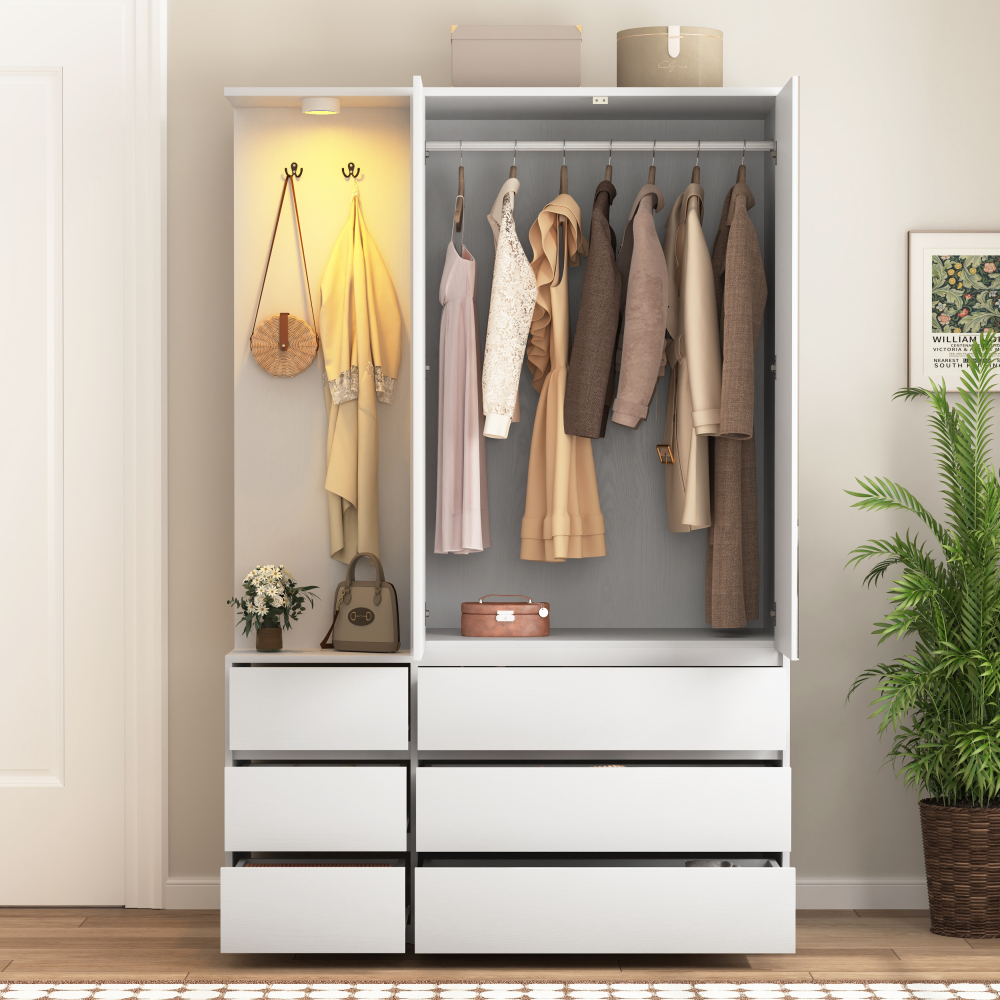 Wardrobe Closet 71.7" H, Bedroom Wooden Wardrobe with 2 Doors 6 Drawers, Modern Clothing Storage Cabinet Combination with Storage Shelves and Hanging Rail, White
