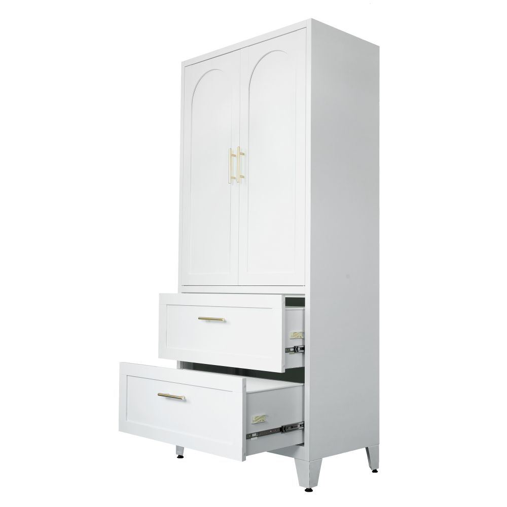 71" Tall Metal Wardrobe Cabinet with 2 Drawers and Hanging Rod, 2 Doors Wardrobe Closet with Shelf for Bedroom, Office, Laundry Room,Entryway ,Foyer,Guesthouse (White)