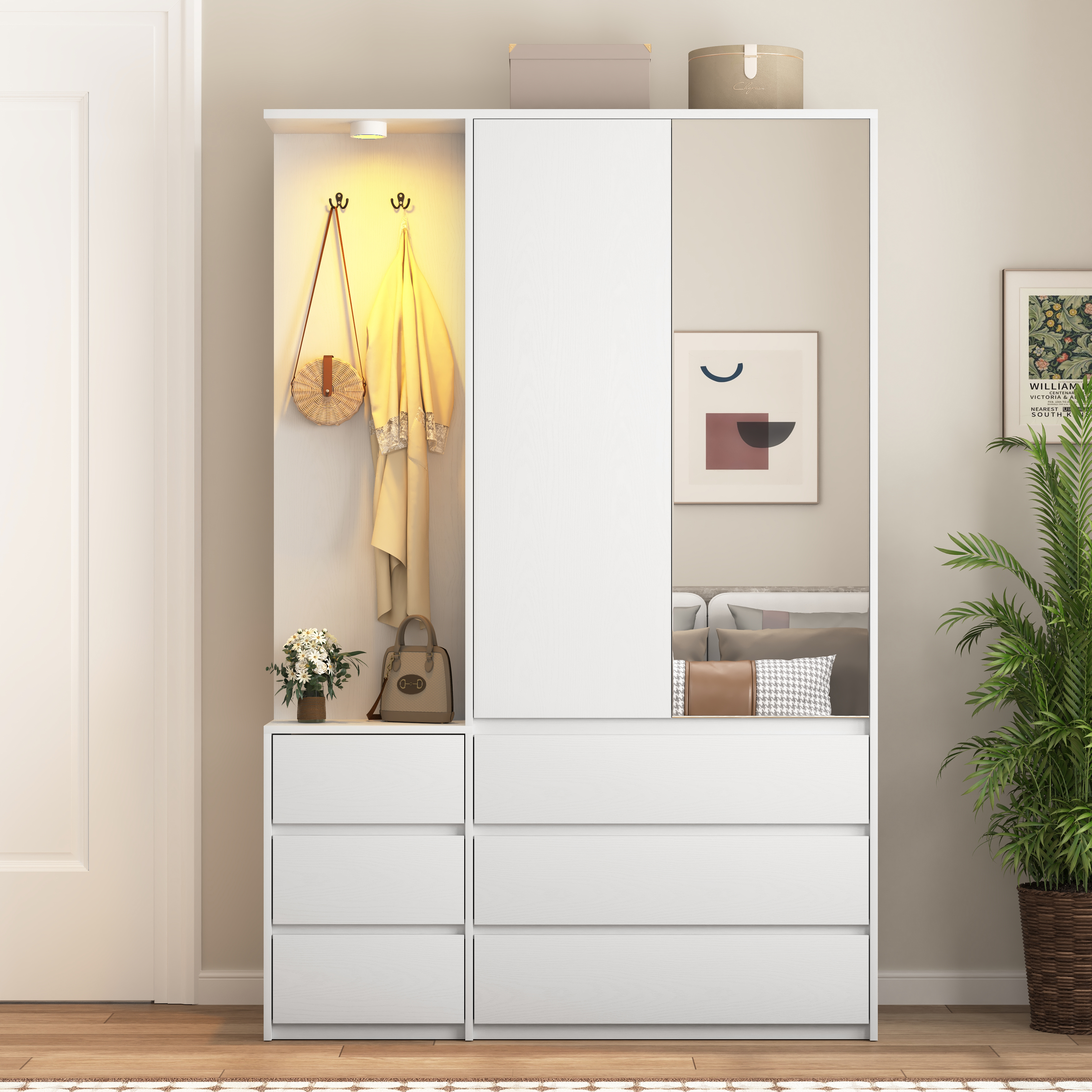 Wardrobe Closet 71.7" H, Bedroom Wooden Wardrobe with 2 Doors 6 Drawers, Modern Clothing Storage Cabinet Combination with Storage Shelves and Hanging Rail, White