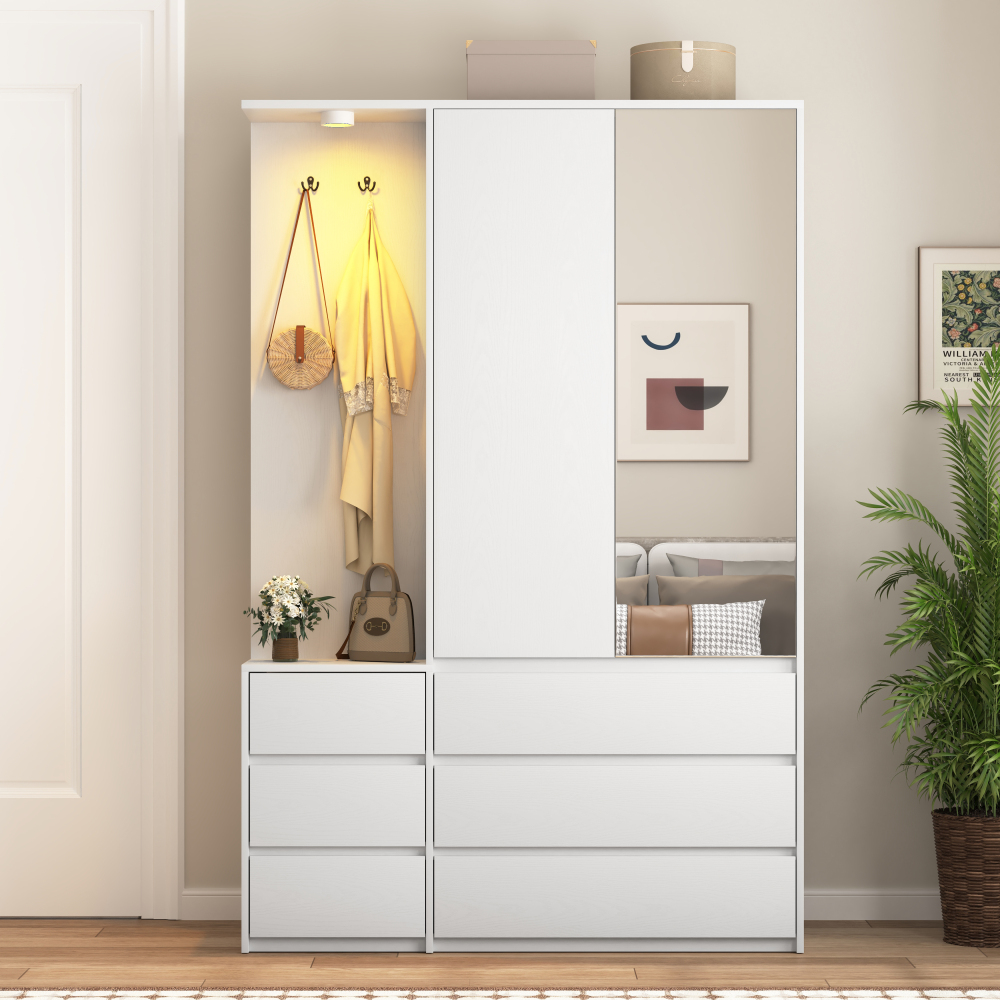 Wardrobe Closet 71.7" H, Bedroom Wooden Wardrobe with 2 Doors 6 Drawers, Modern Clothing Storage Cabinet Combination with Storage Shelves and Hanging Rail, White