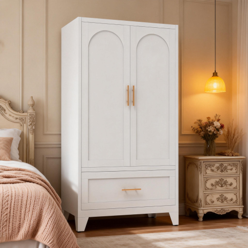71" Tall Metal Wardrobe Cabinet with 2 Drawers and Hanging Rod, 2 Doors Wardrobe Closet with Shelf for Bedroom, Office, Laundry Room,Entryway ,Foyer,Guesthouse (White)
