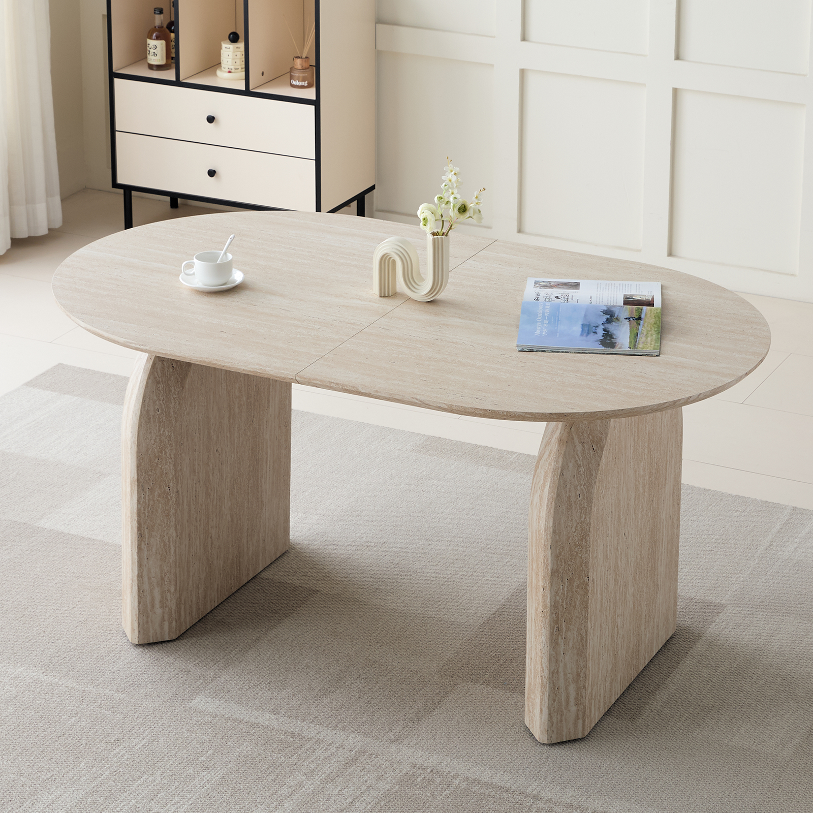 Wood Extendable Dining Table, Modern Oval Kitchen Table with Stylish Dual - Pillar Design, Perfect for Home Dining & Gathering, Multi-functional and Space-saving, Living Room and Dining Room.