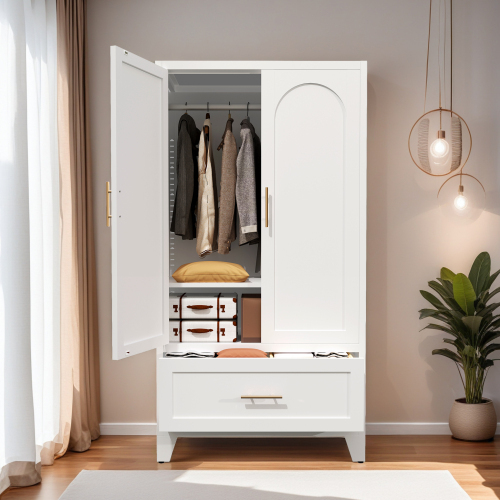 71" Tall Metal Wardrobe Cabinet with 2 Drawers and Hanging Rod, 2 Doors Wardrobe Closet with Shelf for Bedroom, Office, Laundry Room,Entryway ,Foyer,Guesthouse (White)