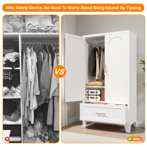 71" Tall Metal Wardrobe Cabinet with 2 Drawers and Hanging Rod, 2 Doors Wardrobe Closet with Shelf for Bedroom, Office, Laundry Room,Entryway ,Foyer,Guesthouse (White)