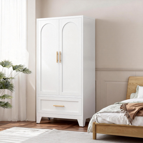 71" Tall Metal Wardrobe Cabinet with 2 Drawers and Hanging Rod, 2 Doors Wardrobe Closet with Shelf for Bedroom, Office, Laundry Room,Entryway ,Foyer,Guesthouse (White)
