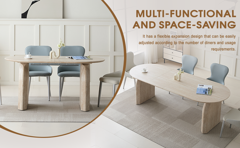 Wood Extendable Dining Table, Modern Oval Kitchen Table with Stylish Dual - Pillar Design, Perfect for Home Dining & Gathering, Multi-functional and Space-saving, Living Room and Dining Room.