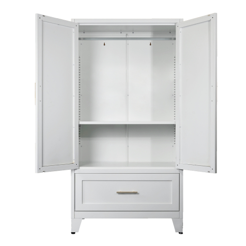 71" Tall Metal Wardrobe Cabinet with 2 Drawers and Hanging Rod, 2 Doors Wardrobe Closet with Shelf for Bedroom, Office, Laundry Room,Entryway ,Foyer,Guesthouse (White)