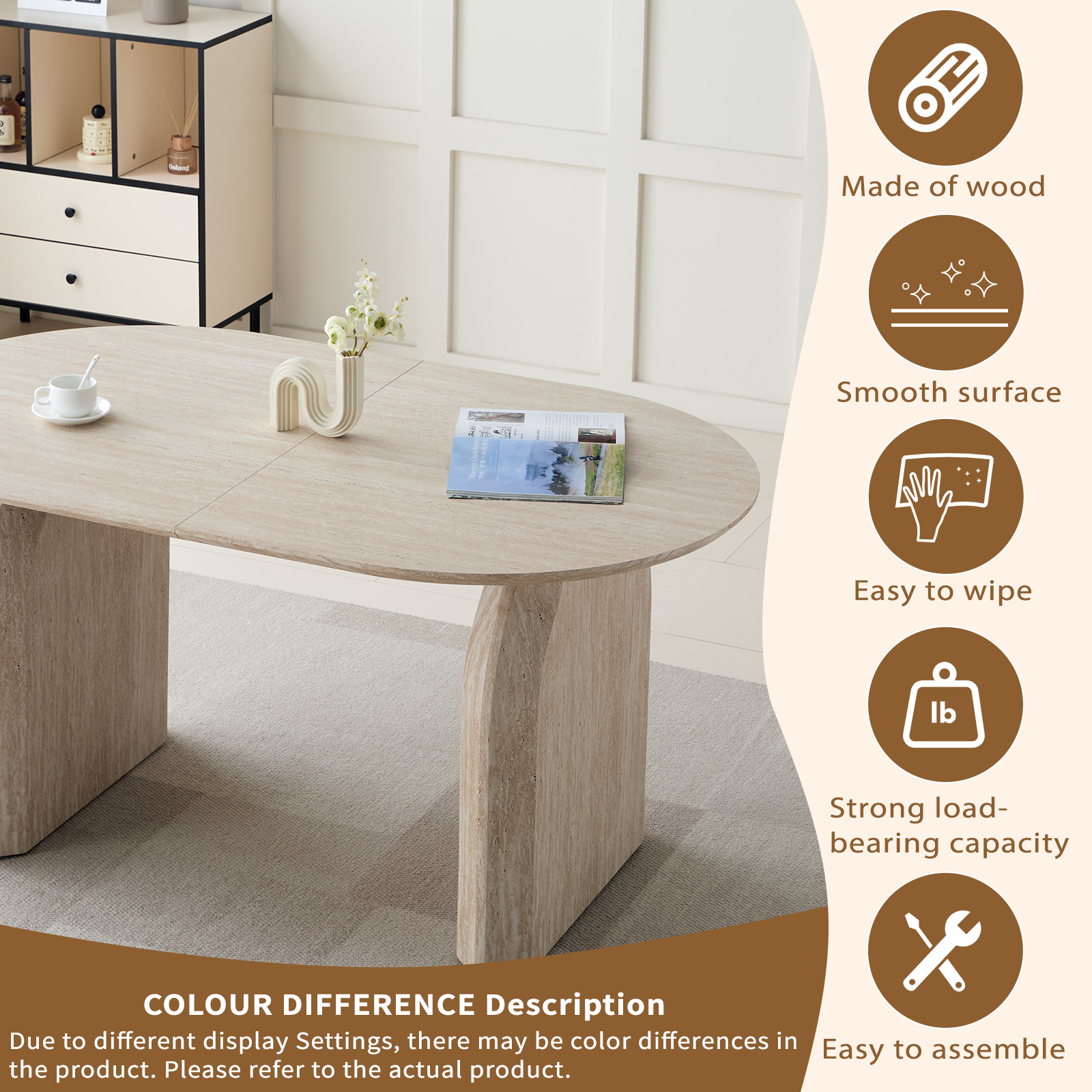 Wood Extendable Dining Table, Modern Oval Kitchen Table with Stylish Dual - Pillar Design, Perfect for Home Dining & Gathering, Multi-functional and Space-saving, Living Room and Dining Room.