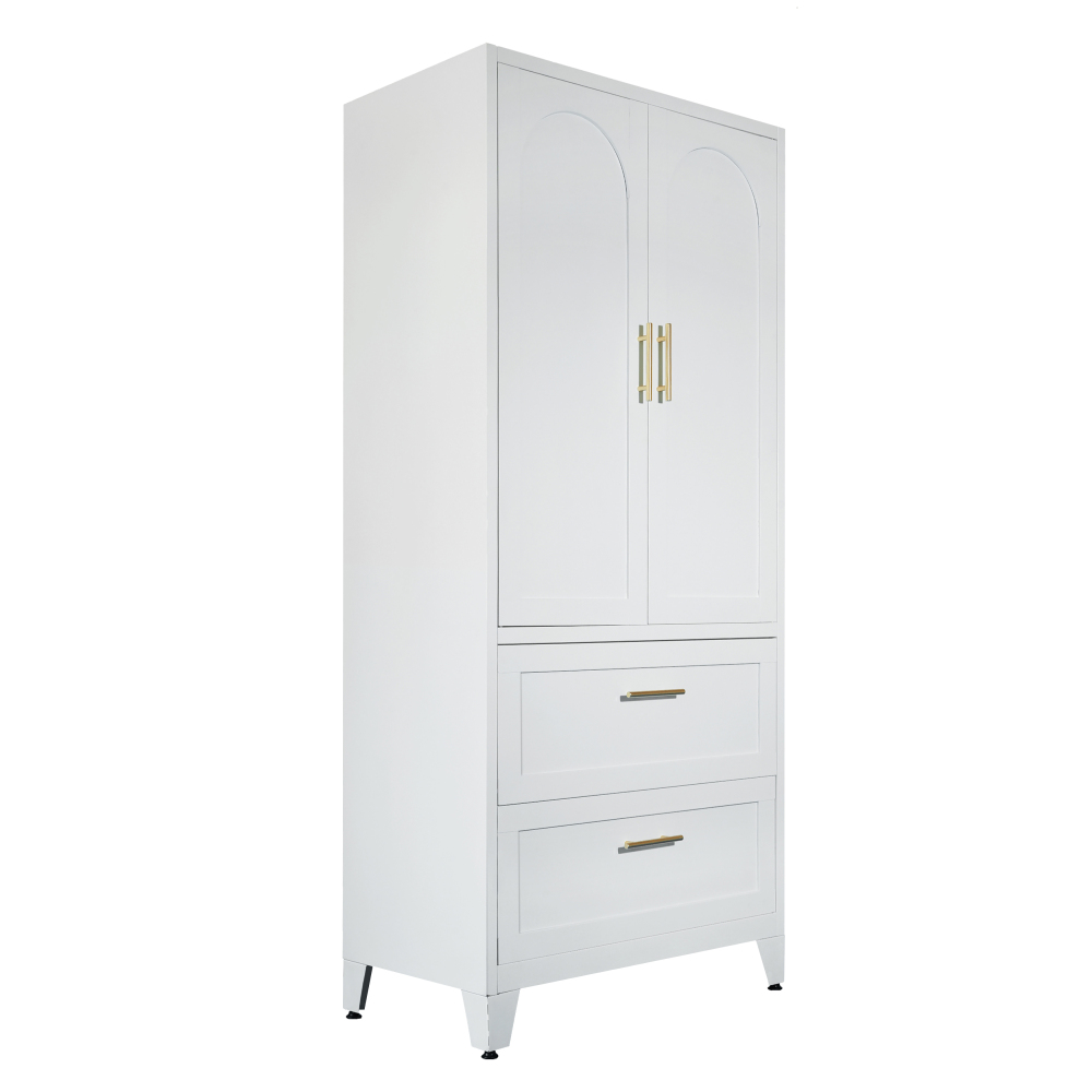 71" Tall Metal Wardrobe Cabinet with 2 Drawers and Hanging Rod, 2 Doors Wardrobe Closet with Shelf for Bedroom, Office, Laundry Room,Entryway ,Foyer,Guesthouse (White)