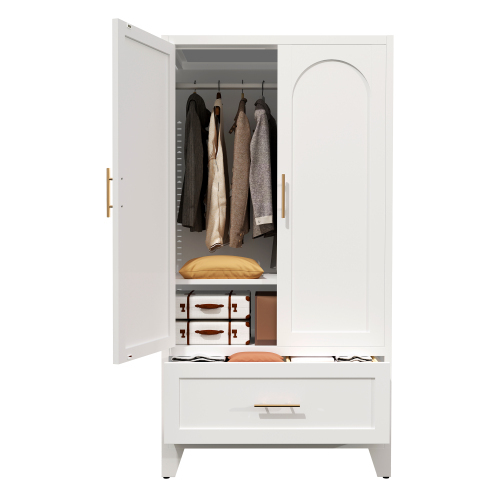 71" Tall Metal Wardrobe Cabinet with 2 Drawers and Hanging Rod, 2 Doors Wardrobe Closet with Shelf for Bedroom, Office, Laundry Room,Entryway ,Foyer,Guesthouse (White)
