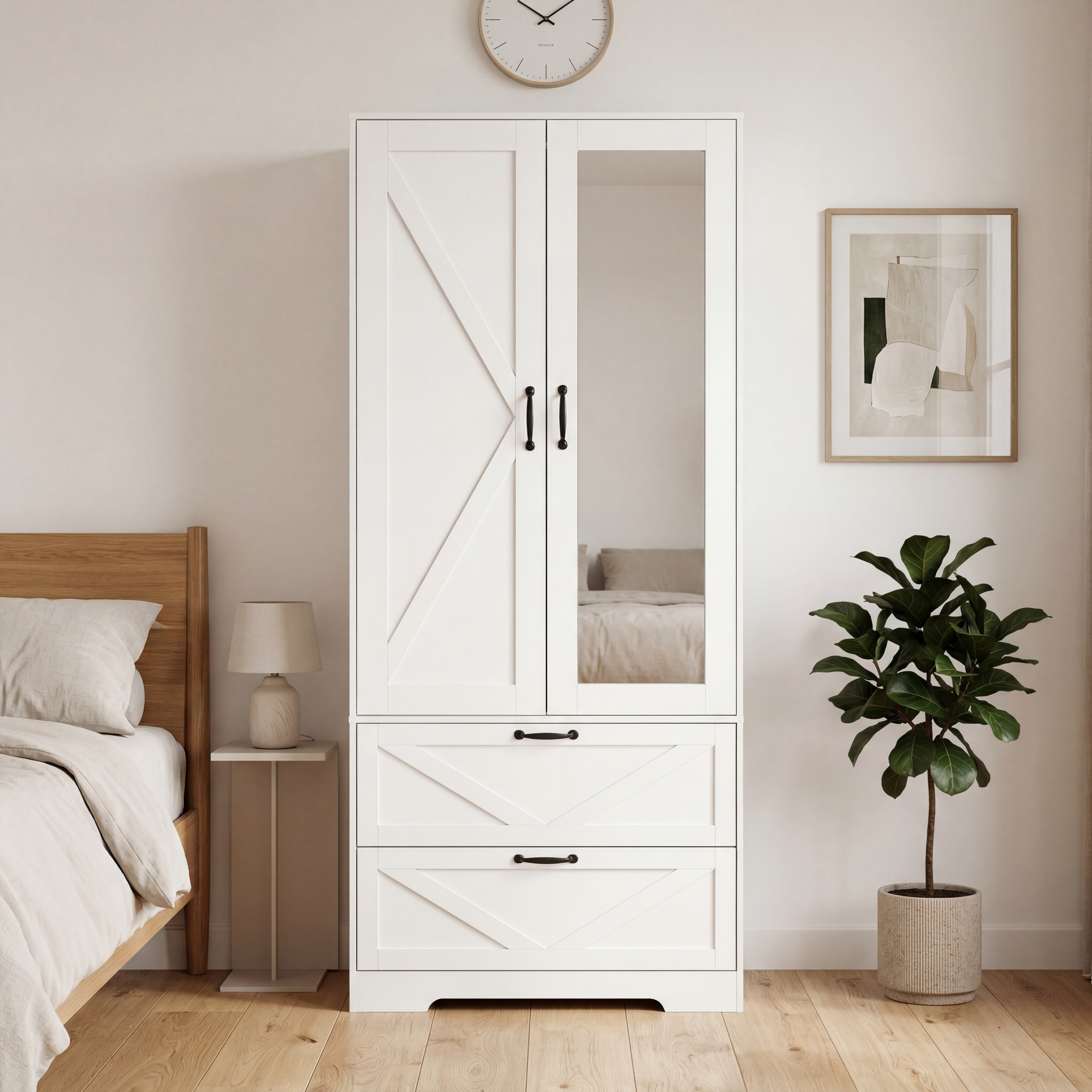 2 Door Wood Wardrobe for Bedroom with Hanging Clothing Rod inside the Cabinet and 2 Drawers for Storage Organization, Built-in induction light Multifunctional Closet with Mirror, White