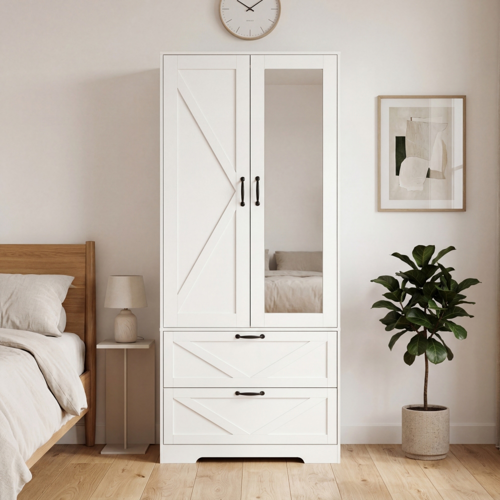 2 Door Wood Wardrobe for Bedroom with Hanging Clothing Rod inside the Cabinet and 2 Drawers for Storage Organization, Built-in induction light Multifunctional Closet with Mirror, White