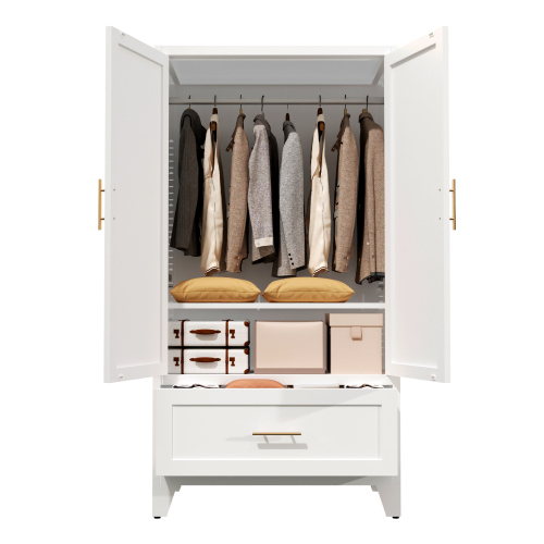 71" Tall Metal Wardrobe Cabinet with 2 Drawers and Hanging Rod, 2 Doors Wardrobe Closet with Shelf for Bedroom, Office, Laundry Room,Entryway ,Foyer,Guesthouse (White)