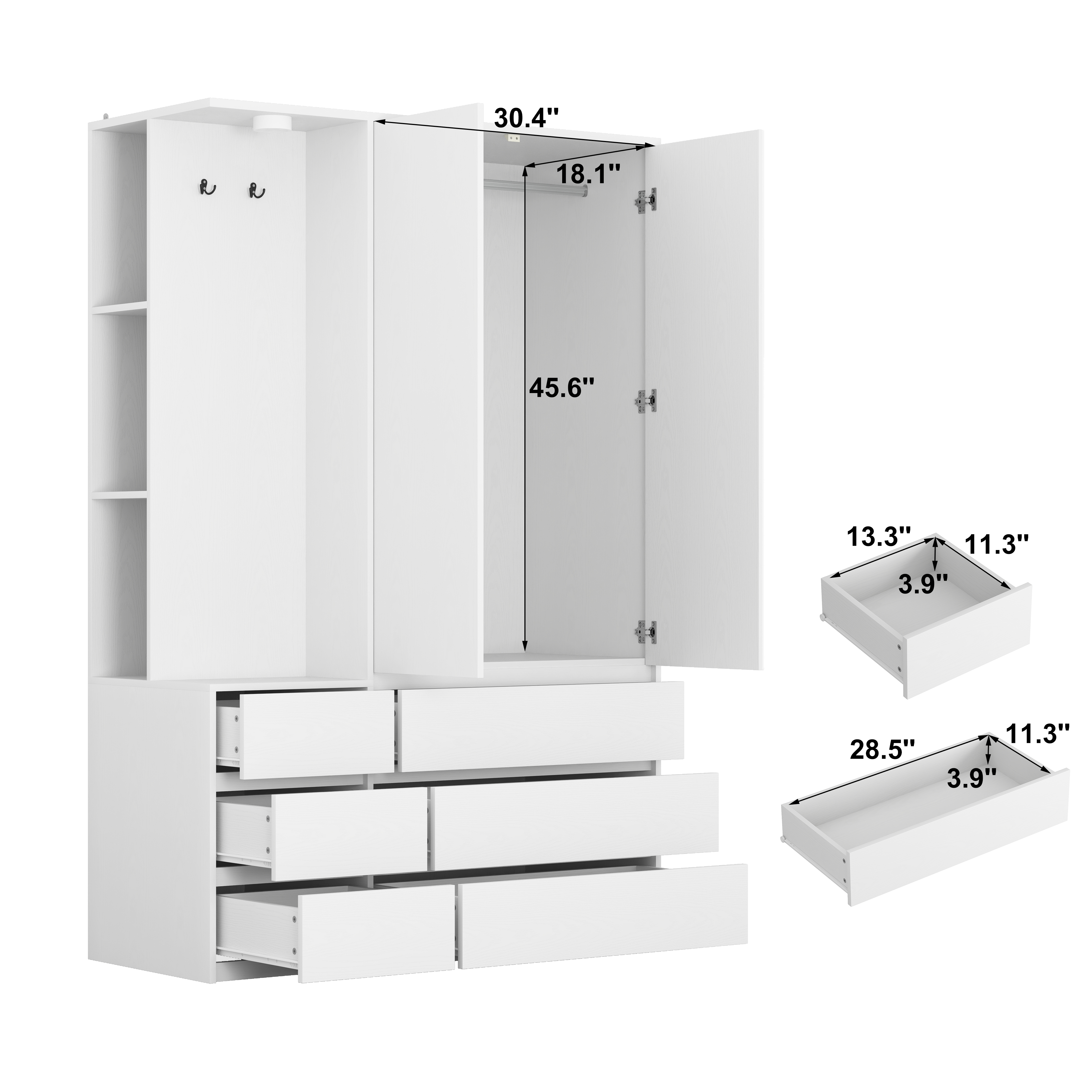 Wardrobe Closet 71.7" H, Bedroom Wooden Wardrobe with 2 Doors 6 Drawers, Modern Clothing Storage Cabinet Combination with Storage Shelves and Hanging Rail, White