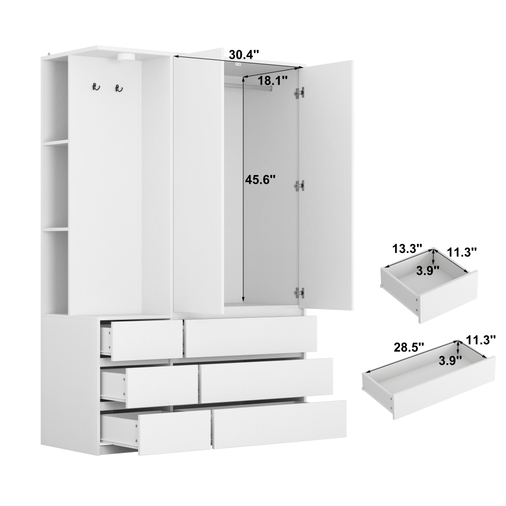 Wardrobe Closet 71.7" H, Bedroom Wooden Wardrobe with 2 Doors 6 Drawers, Modern Clothing Storage Cabinet Combination with Storage Shelves and Hanging Rail, White