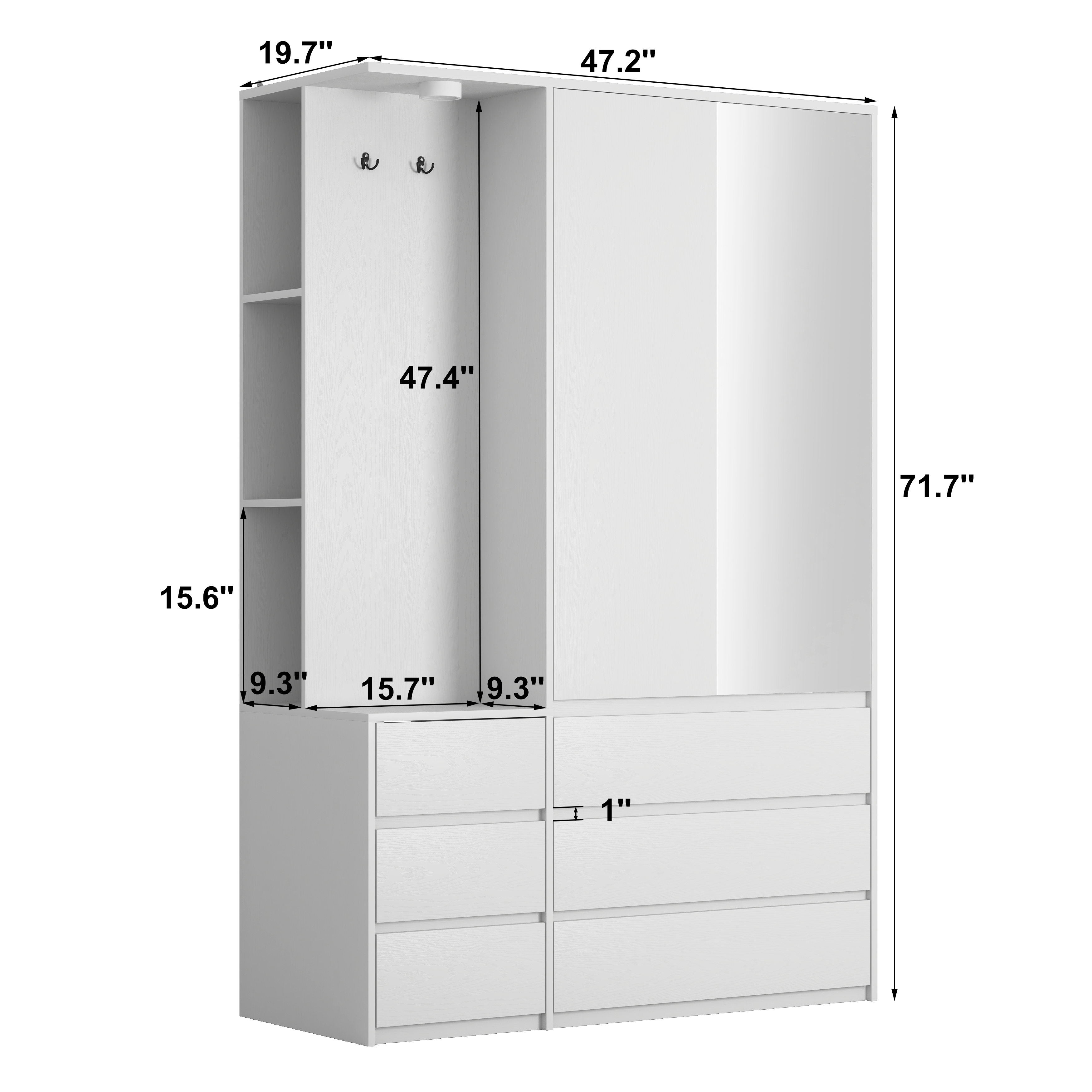 Wardrobe Closet 71.7" H, Bedroom Wooden Wardrobe with 2 Doors 6 Drawers, Modern Clothing Storage Cabinet Combination with Storage Shelves and Hanging Rail, White