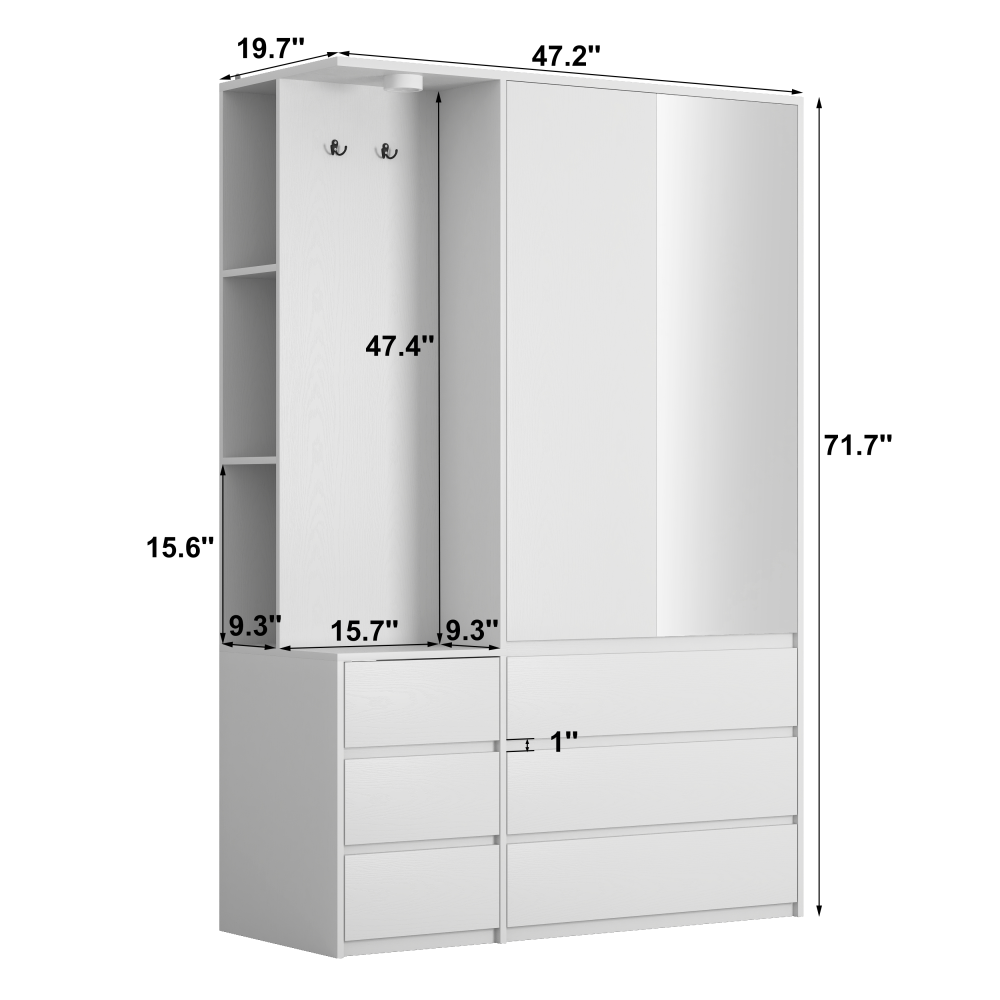 Wardrobe Closet 71.7" H, Bedroom Wooden Wardrobe with 2 Doors 6 Drawers, Modern Clothing Storage Cabinet Combination with Storage Shelves and Hanging Rail, White