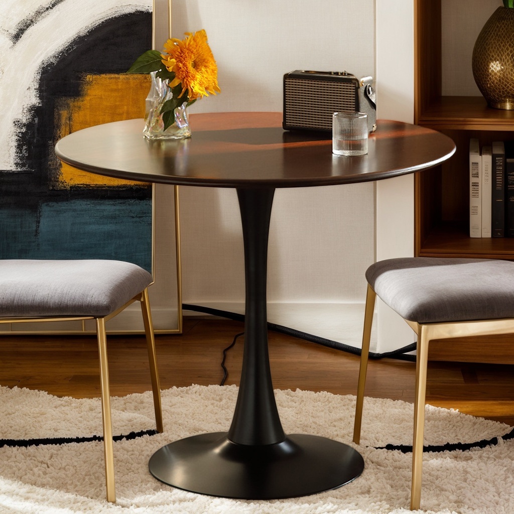 Black Round Table, Modern Dining Table, MDF Top and Steel Base Tulip Round Kitchen Table, Mid Century Coffee Table for Living Room 24 Inch, Kitchen Table, Oval Dining Table