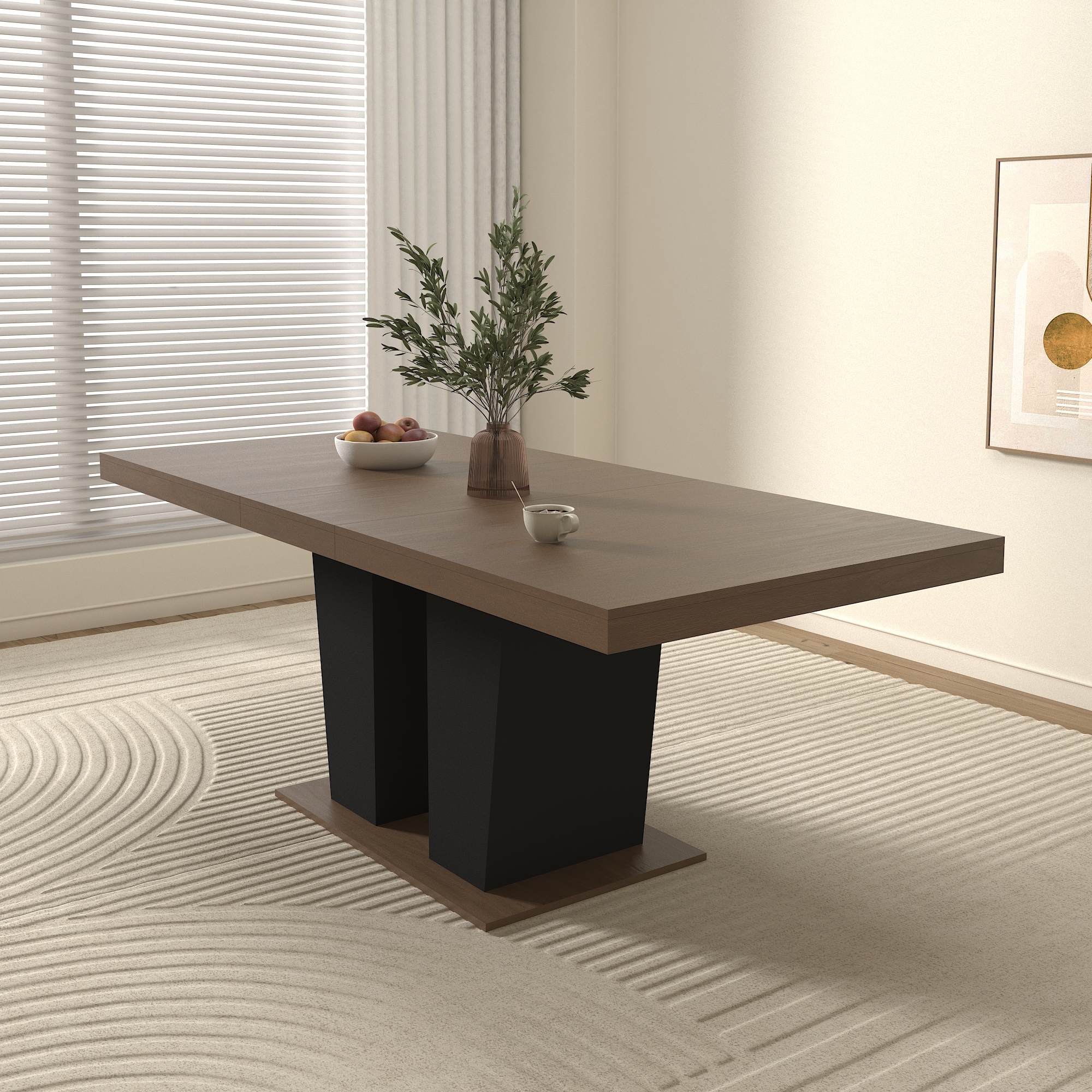 Extendable Dining Room Table for 4-10 People,Wooden Transformer Kitchen Dining Table with Black Double Sturdy Pedestal Base, Modern Expandable Large Table
