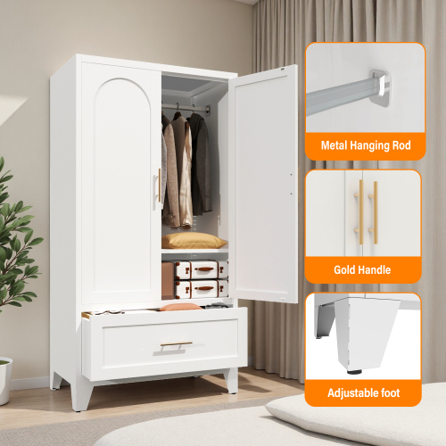 71" Tall Metal Wardrobe Cabinet with 2 Drawers and Hanging Rod, 2 Doors Wardrobe Closet with Shelf for Bedroom, Office, Laundry Room,Entryway ,Foyer,Guesthouse (White)