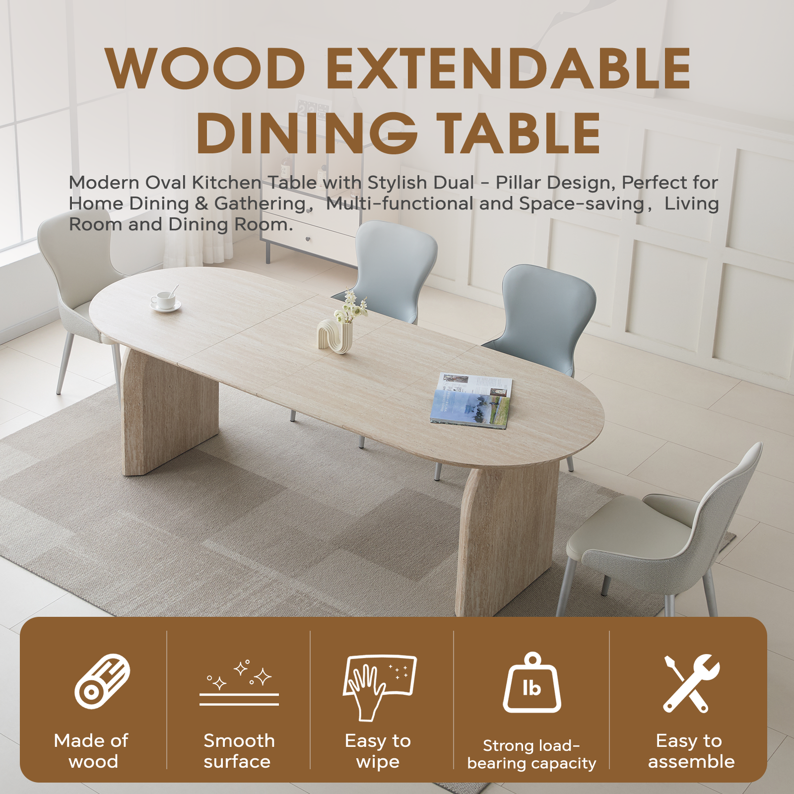 Wood Extendable Dining Table, Modern Oval Kitchen Table with Stylish Dual - Pillar Design, Perfect for Home Dining & Gathering, Multi-functional and Space-saving, Living Room and Dining Room.