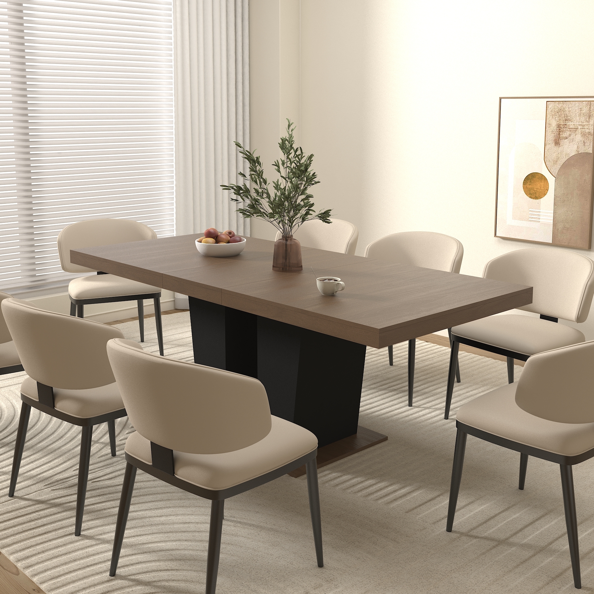 Extendable Dining Room Table for 4-10 People,Wooden Transformer Kitchen Dining Table with Black Double Sturdy Pedestal Base, Modern Expandable Large Table
