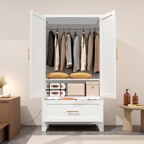 71" Tall Metal Wardrobe Cabinet with 2 Drawers and Hanging Rod, 2 Doors Wardrobe Closet with Shelf for Bedroom, Office, Laundry Room,Entryway ,Foyer,Guesthouse (White)