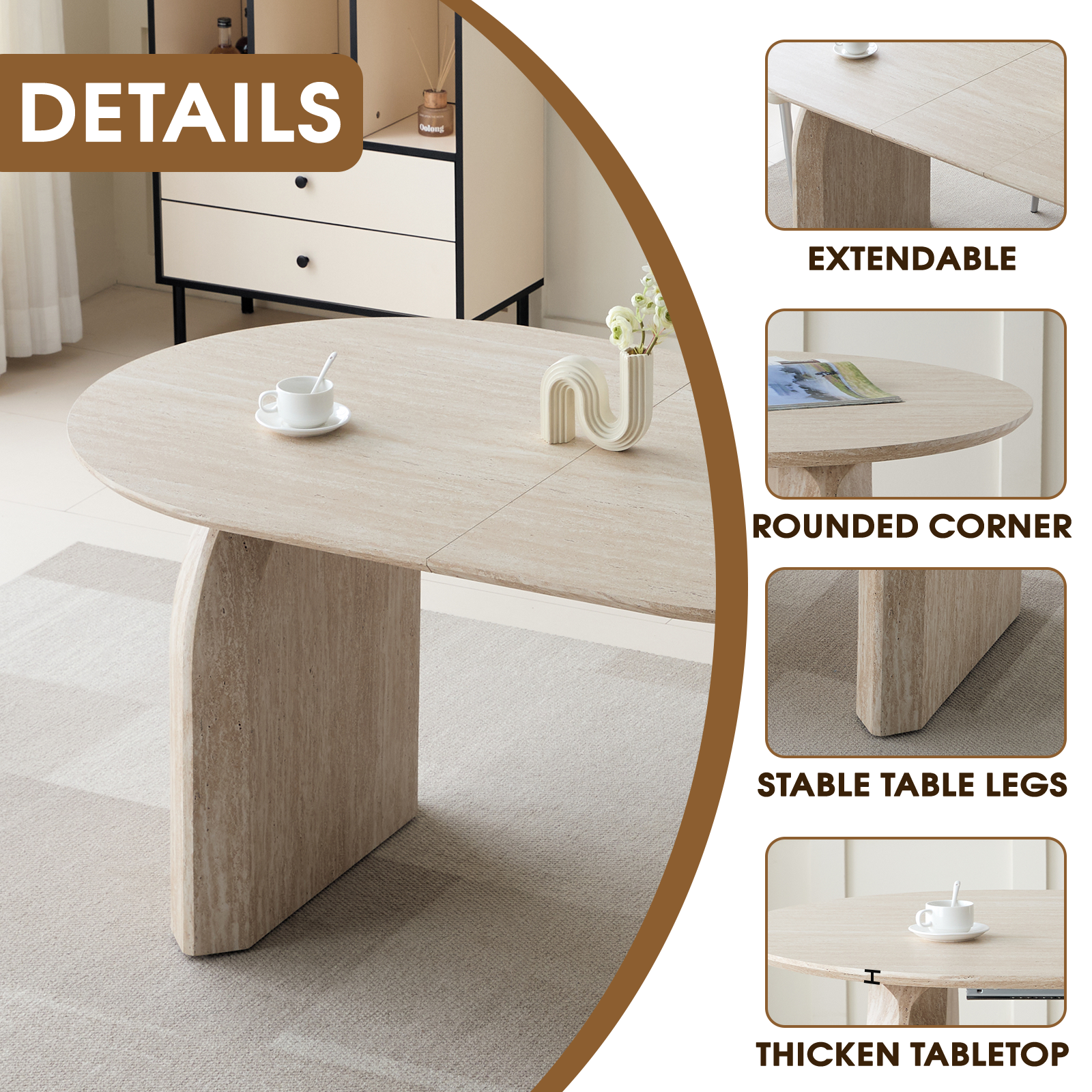 Wood Extendable Dining Table, Modern Oval Kitchen Table with Stylish Dual - Pillar Design, Perfect for Home Dining & Gathering, Multi-functional and Space-saving, Living Room and Dining Room.