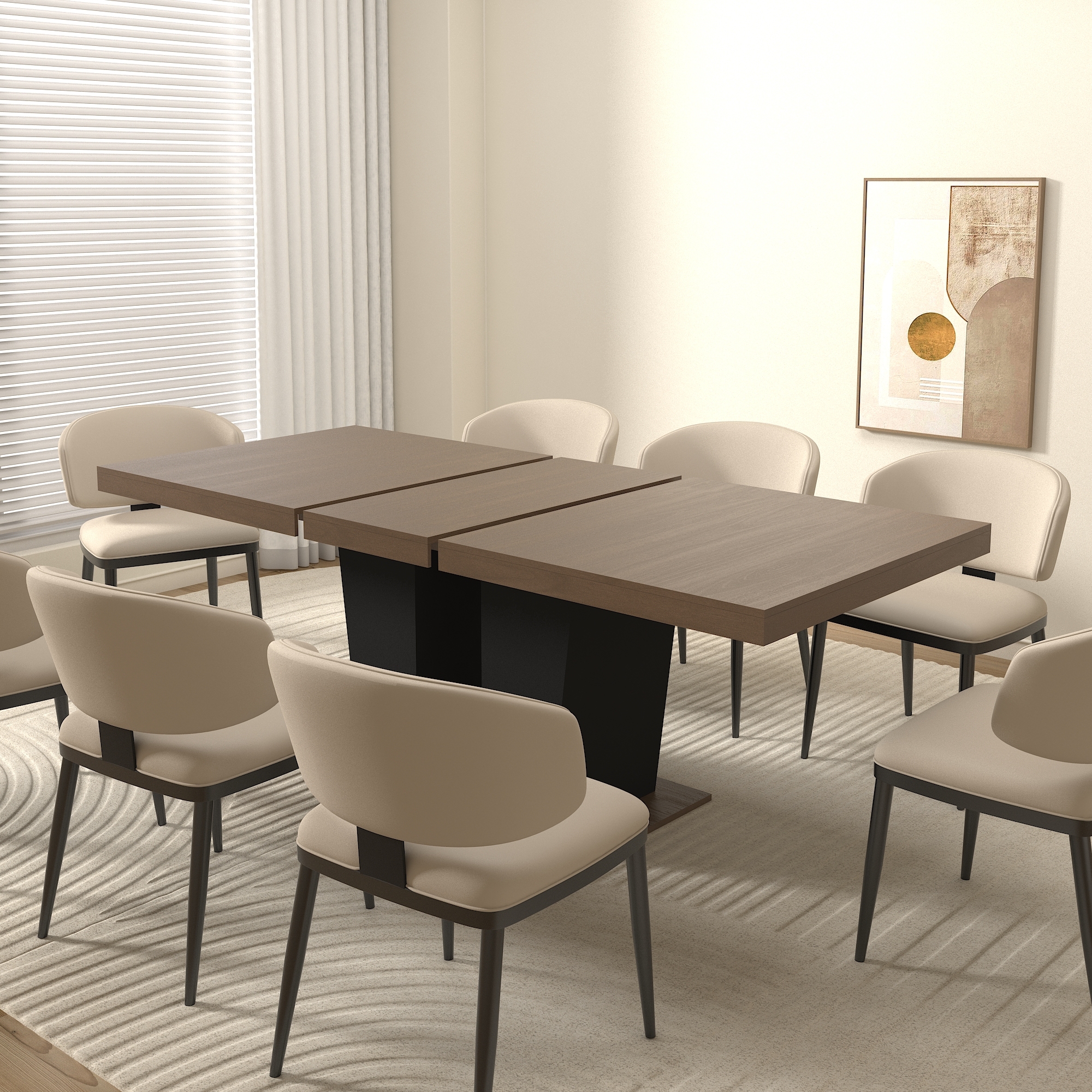 Extendable Dining Room Table for 4-10 People,Wooden Transformer Kitchen Dining Table with Black Double Sturdy Pedestal Base, Modern Expandable Large Table