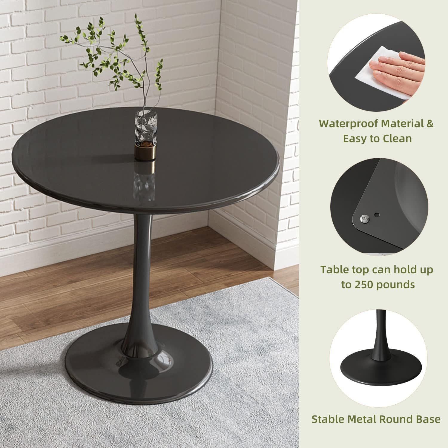 Black Round Table, Modern Dining Table, MDF Top and Steel Base Tulip Round Kitchen Table, Mid Century Coffee Table for Living Room 24 Inch, Kitchen Table, Oval Dining Table