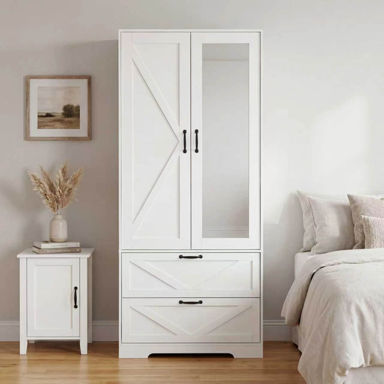 2 Door Wood Wardrobe for Bedroom with Hanging Clothing Rod inside the Cabinet and 2 Drawers for Storage Organization, Built-in induction light Multifunctional Closet with Mirror, White