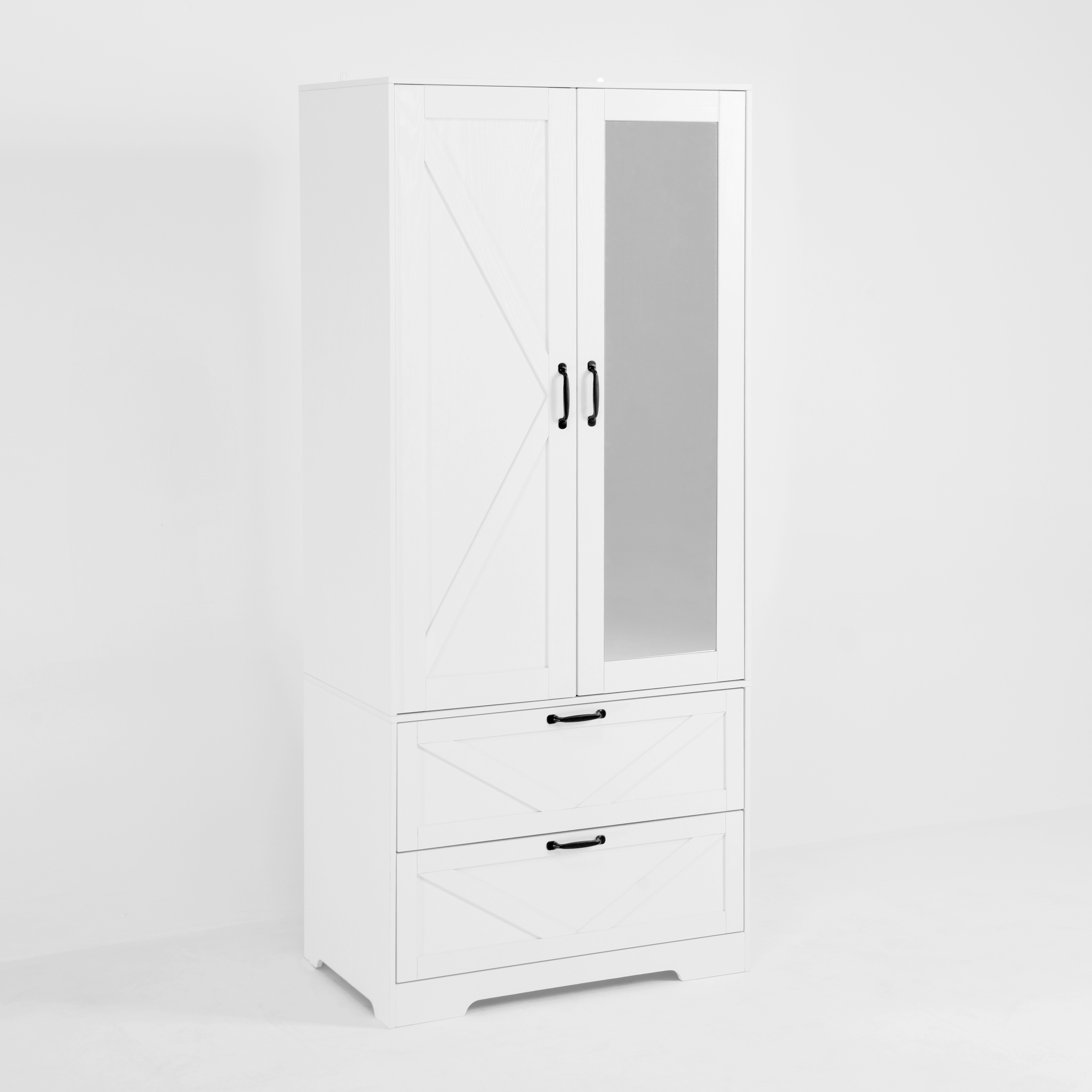 2 Door Wood Wardrobe for Bedroom with Hanging Clothing Rod inside the Cabinet and 2 Drawers for Storage Organization, Built-in induction light Multifunctional Closet with Mirror, White
