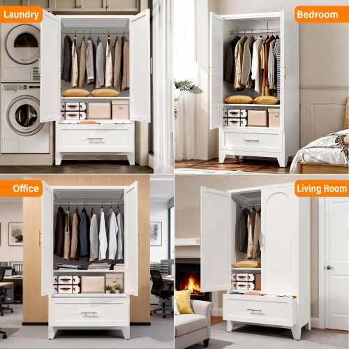71" Tall Metal Wardrobe Cabinet with 2 Drawers and Hanging Rod, 2 Doors Wardrobe Closet with Shelf for Bedroom, Office, Laundry Room,Entryway ,Foyer,Guesthouse (White)