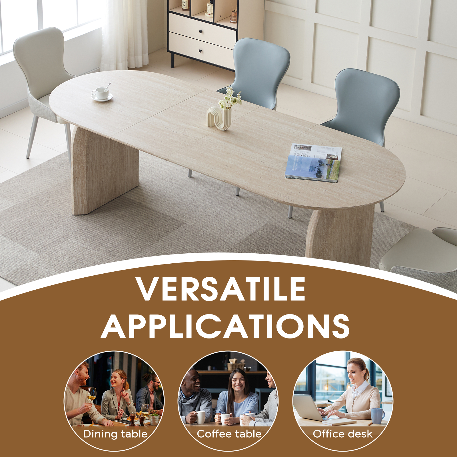 Wood Extendable Dining Table, Modern Oval Kitchen Table with Stylish Dual - Pillar Design, Perfect for Home Dining & Gathering, Multi-functional and Space-saving, Living Room and Dining Room.