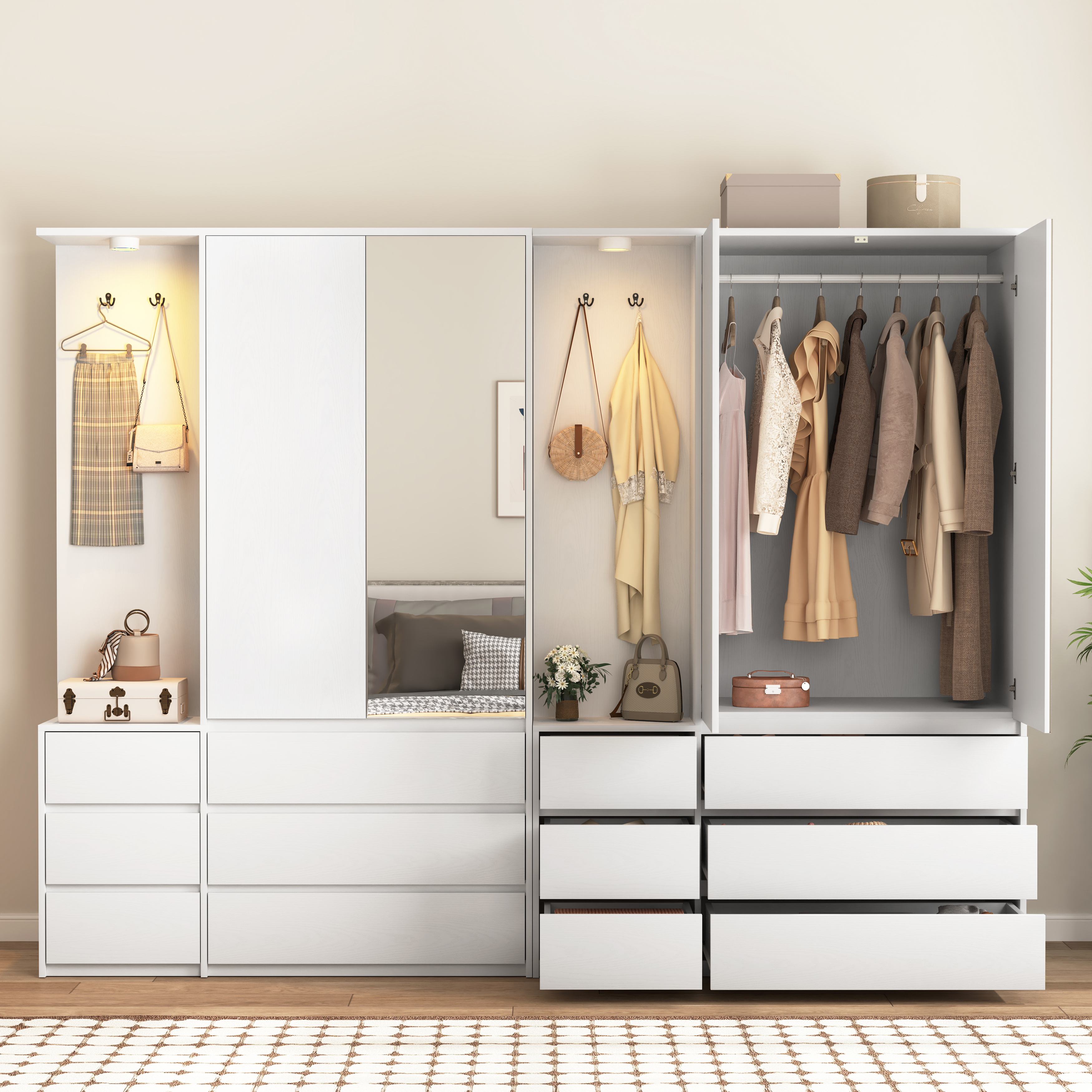 Wardrobe Closet 71.7" H, Bedroom Wooden Wardrobe with 2 Doors 6 Drawers, Modern Clothing Storage Cabinet Combination with Storage Shelves and Hanging Rail, White
