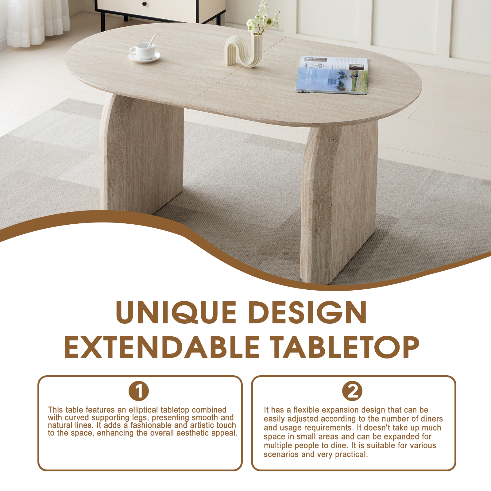 Wood Extendable Dining Table, Modern Oval Kitchen Table with Stylish Dual - Pillar Design, Perfect for Home Dining & Gathering, Multi-functional and Space-saving, Living Room and Dining Room.