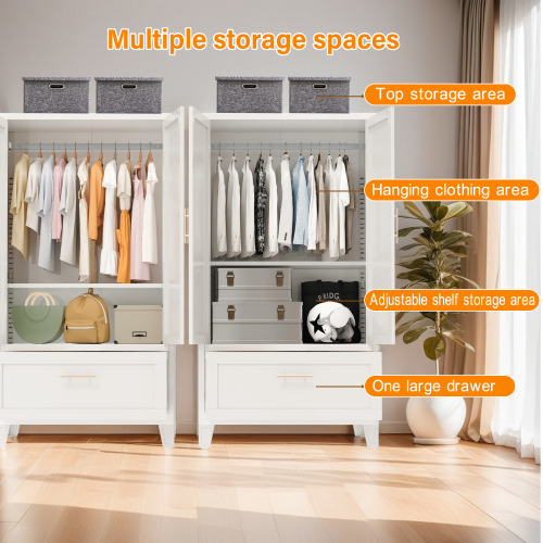 71" Tall Metal Wardrobe Cabinet with 2 Drawers and Hanging Rod, 2 Doors Wardrobe Closet with Shelf for Bedroom, Office, Laundry Room,Entryway ,Foyer,Guesthouse (White)