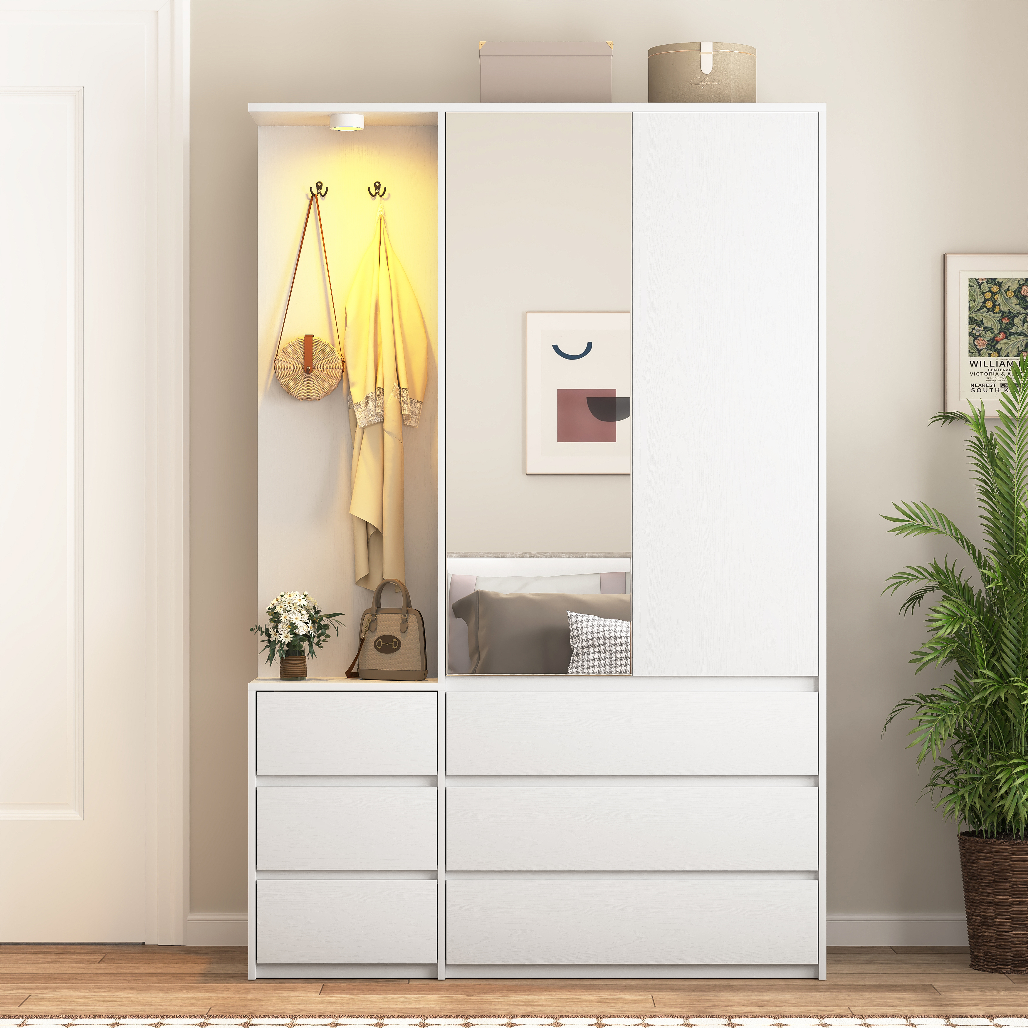 Wardrobe Closet 71.7" H, Bedroom Wooden Wardrobe with 2 Doors 6 Drawers, Modern Clothing Storage Cabinet Combination with Storage Shelves and Hanging Rail, White
