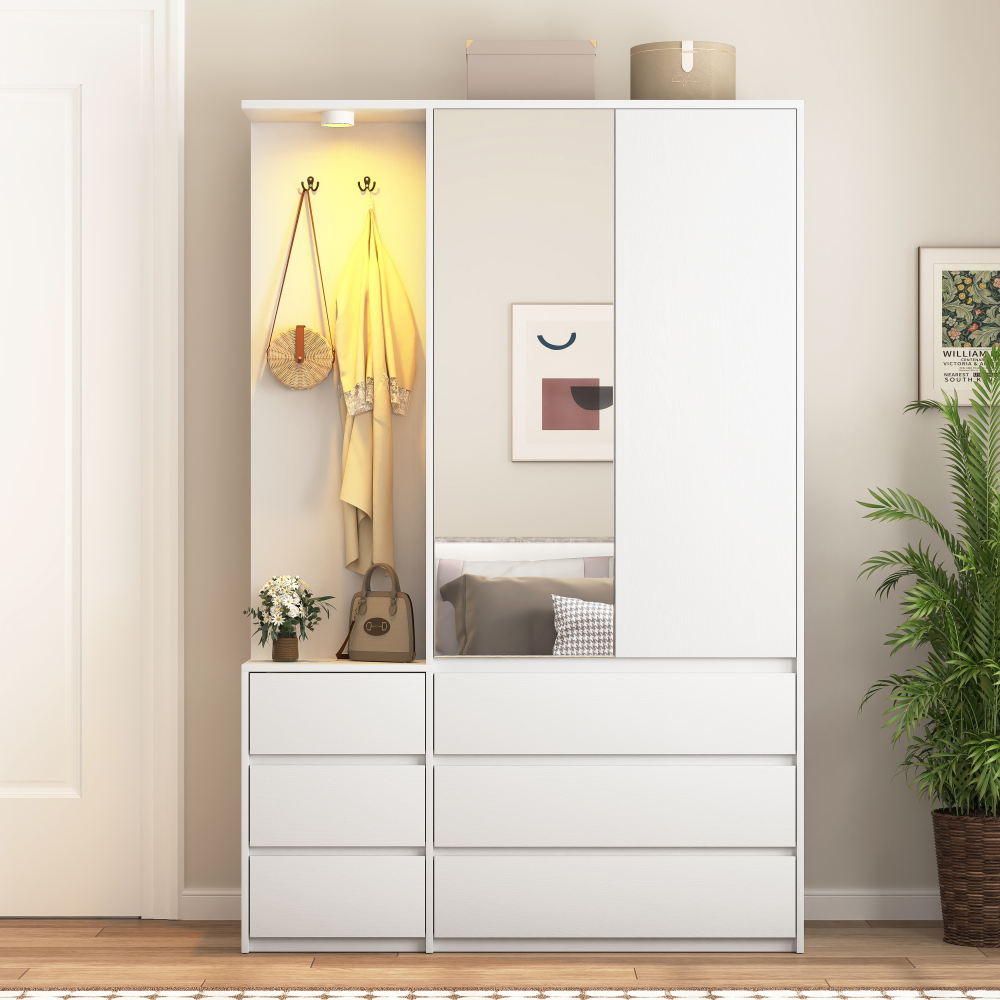 Wardrobe Closet 71.7" H, Bedroom Wooden Wardrobe with 2 Doors 6 Drawers, Modern Clothing Storage Cabinet Combination with Storage Shelves and Hanging Rail, White