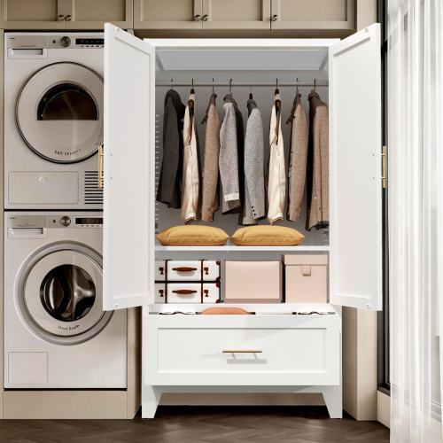 71" Tall Metal Wardrobe Cabinet with 2 Drawers and Hanging Rod, 2 Doors Wardrobe Closet with Shelf for Bedroom, Office, Laundry Room,Entryway ,Foyer,Guesthouse (White)