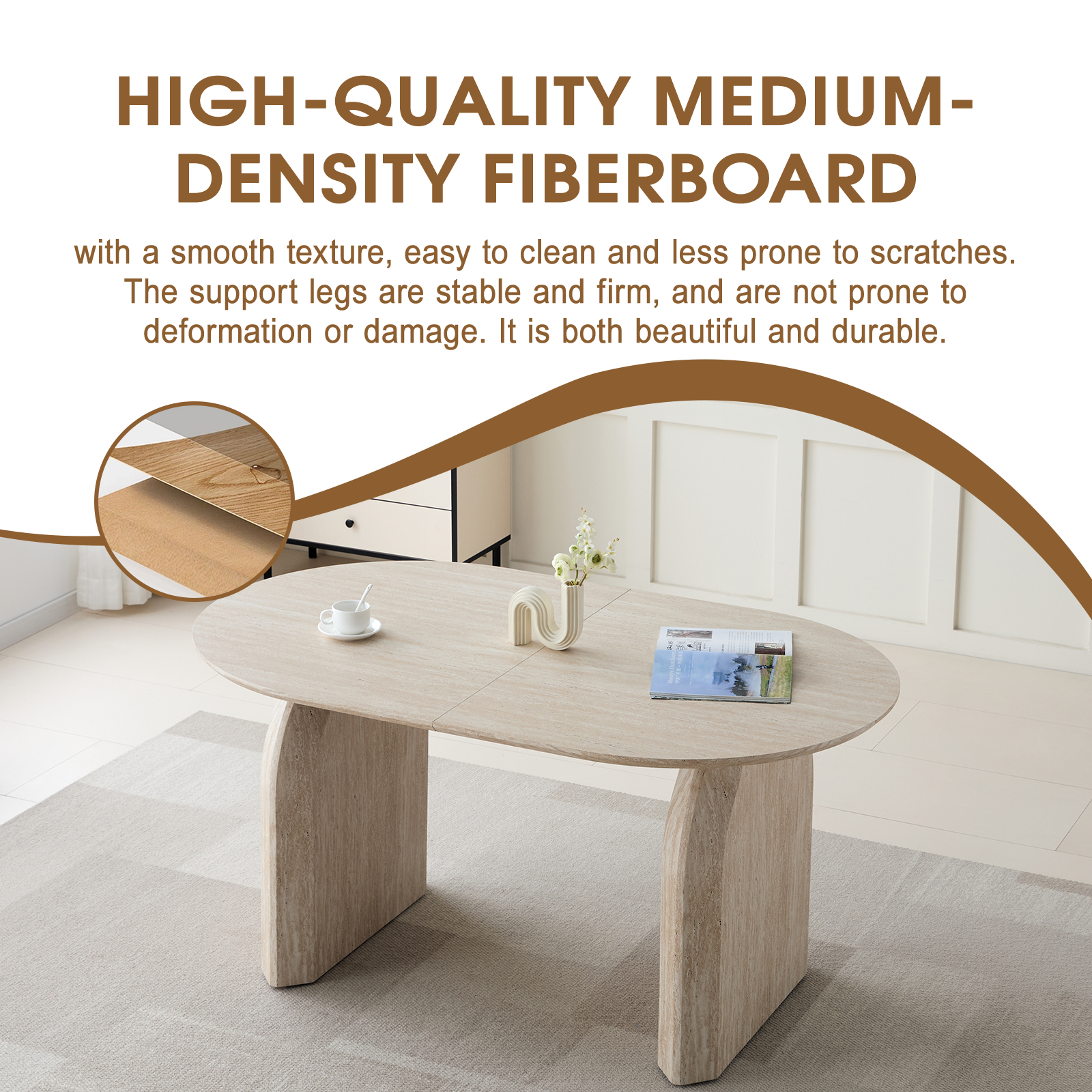 Wood Extendable Dining Table, Modern Oval Kitchen Table with Stylish Dual - Pillar Design, Perfect for Home Dining & Gathering, Multi-functional and Space-saving, Living Room and Dining Room.