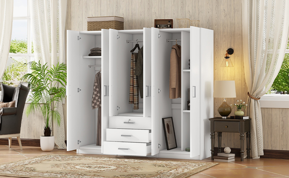 6-Doors Wooden Wardrobe Storage for Bedroom, with Big Drawers, White