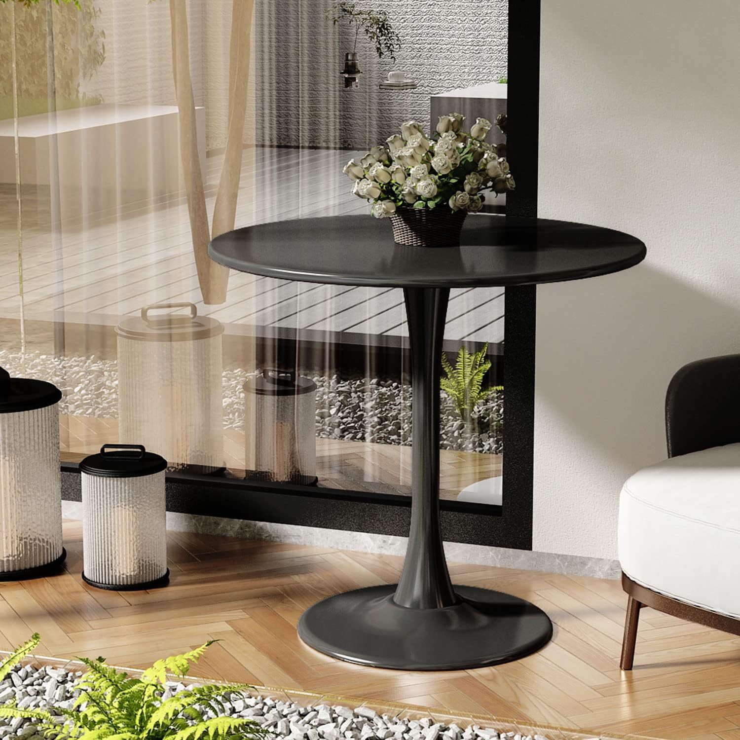 Black Round Table, Modern Dining Table, MDF Top and Steel Base Tulip Round Kitchen Table, Mid Century Coffee Table for Living Room 24 Inch, Kitchen Table, Oval Dining Table