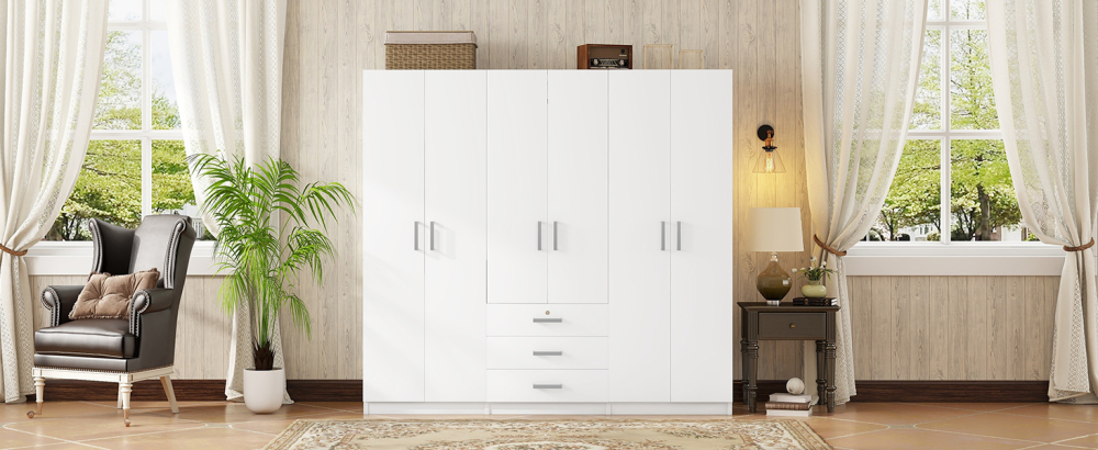 6-Doors Wooden Wardrobe Storage for Bedroom, with Big Drawers, White
